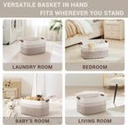 45L Small Laundry Basket with Leather Handles for Living Room Storage, Woven Rope Baskets Bin for Blanket, Kids Toy, Gifts, Wicker Hamper for Bedroom Dirty Clothes, 18"x14"x11" White Brown