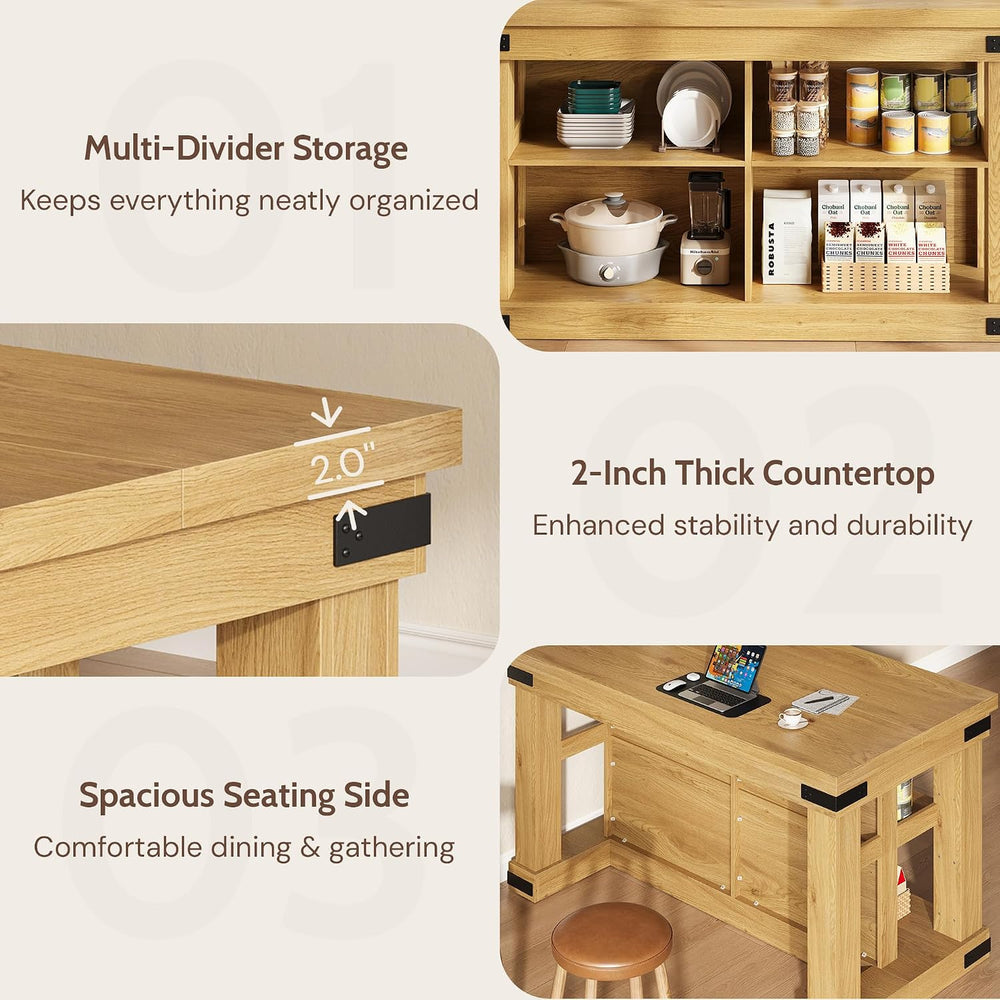 Viviwood 55" Kitchen Island with Storage and Seating, Farmhouse Wood Sta...