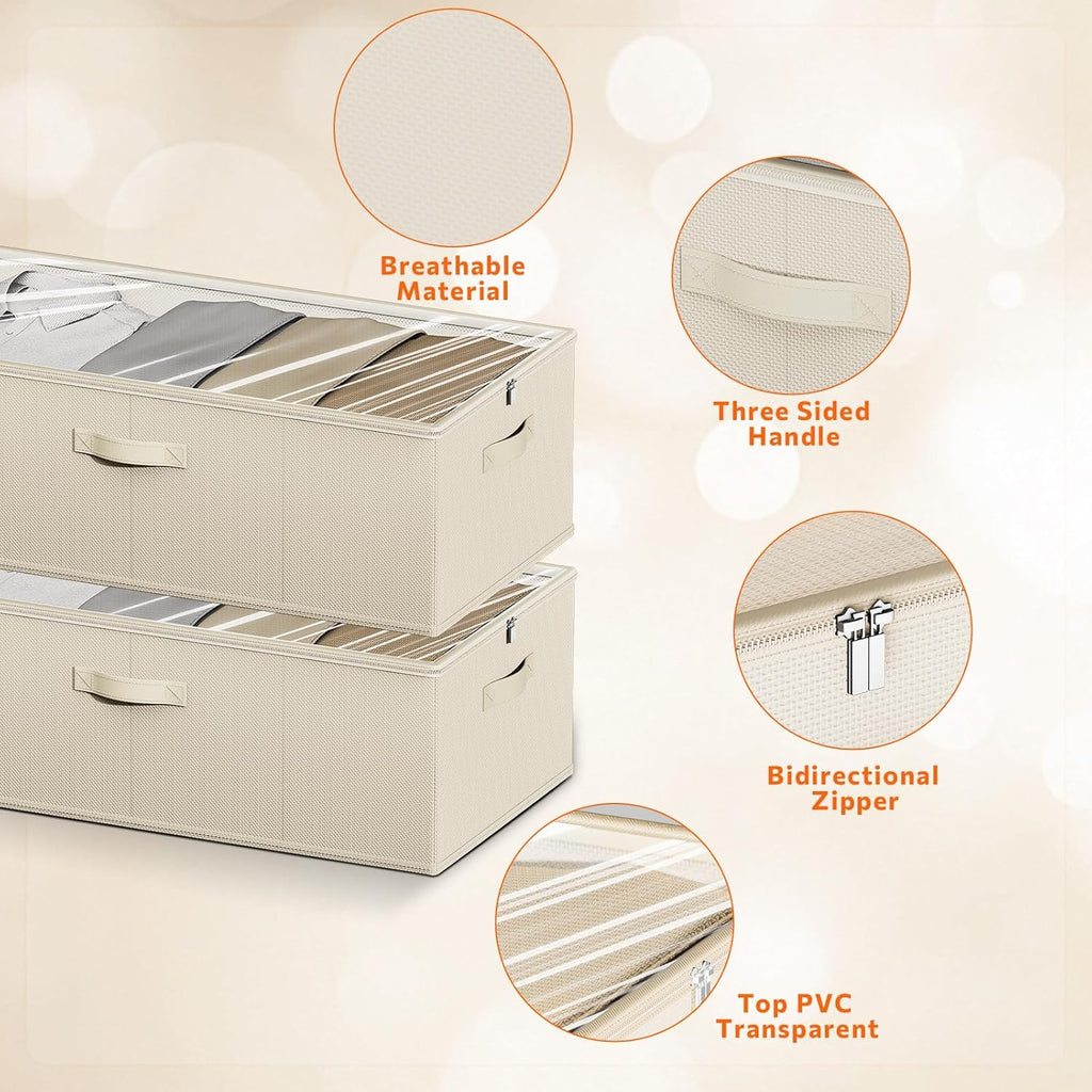 2 Pack Under Bed Storage Containers, 10 Inch Tall Underbed Clothes Storage Organizer Bin with Clear Window，Foldable Box Basket for Clothes, Closet, Bed Sheets and Blankets Beige