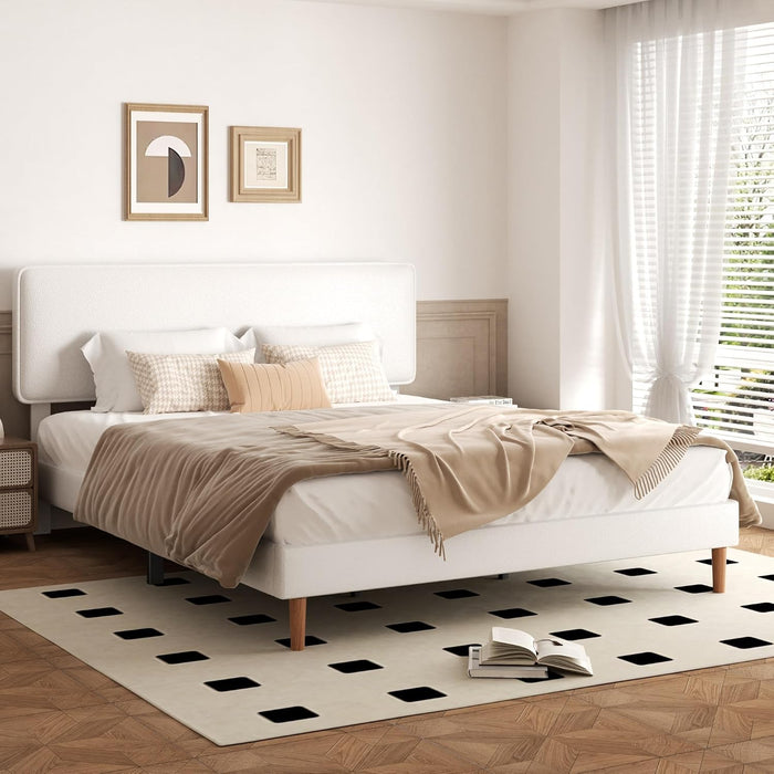 Sismplly King Size Upholstered Bed Frame with Adjustable Headboard, Faux Leather Platform Bed with Wood Slats, Lychee Grain Leather, No Box Spring Needed, Easy Assembly, Noise Free, White