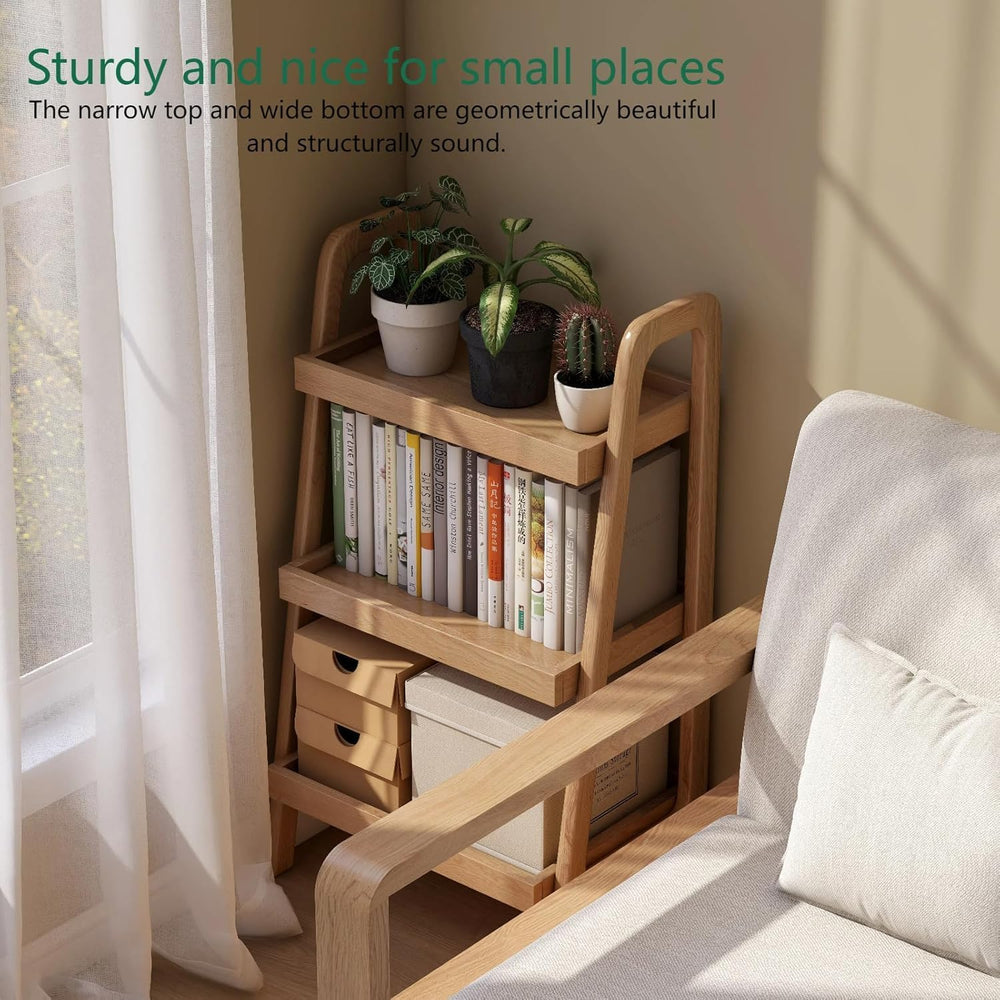 Oak Ladder Bookshelf, 3 Tier Display Shelf for Living Room, Natural Wood