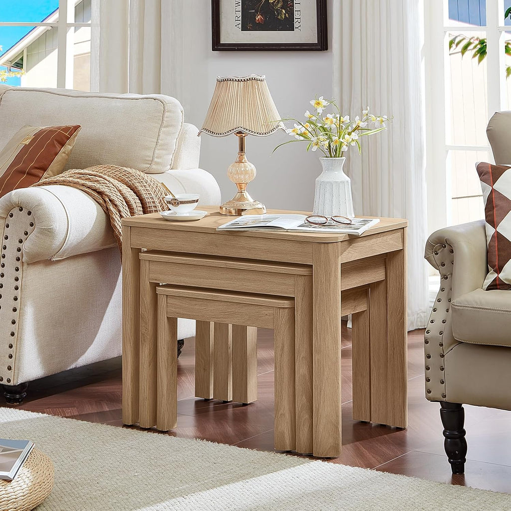 Joaxswe Farmhouse Nesting Tables Set of 3, Nesting Side Tables with Rounded Corners & 4 Thickened Table Legs, Natural Wood