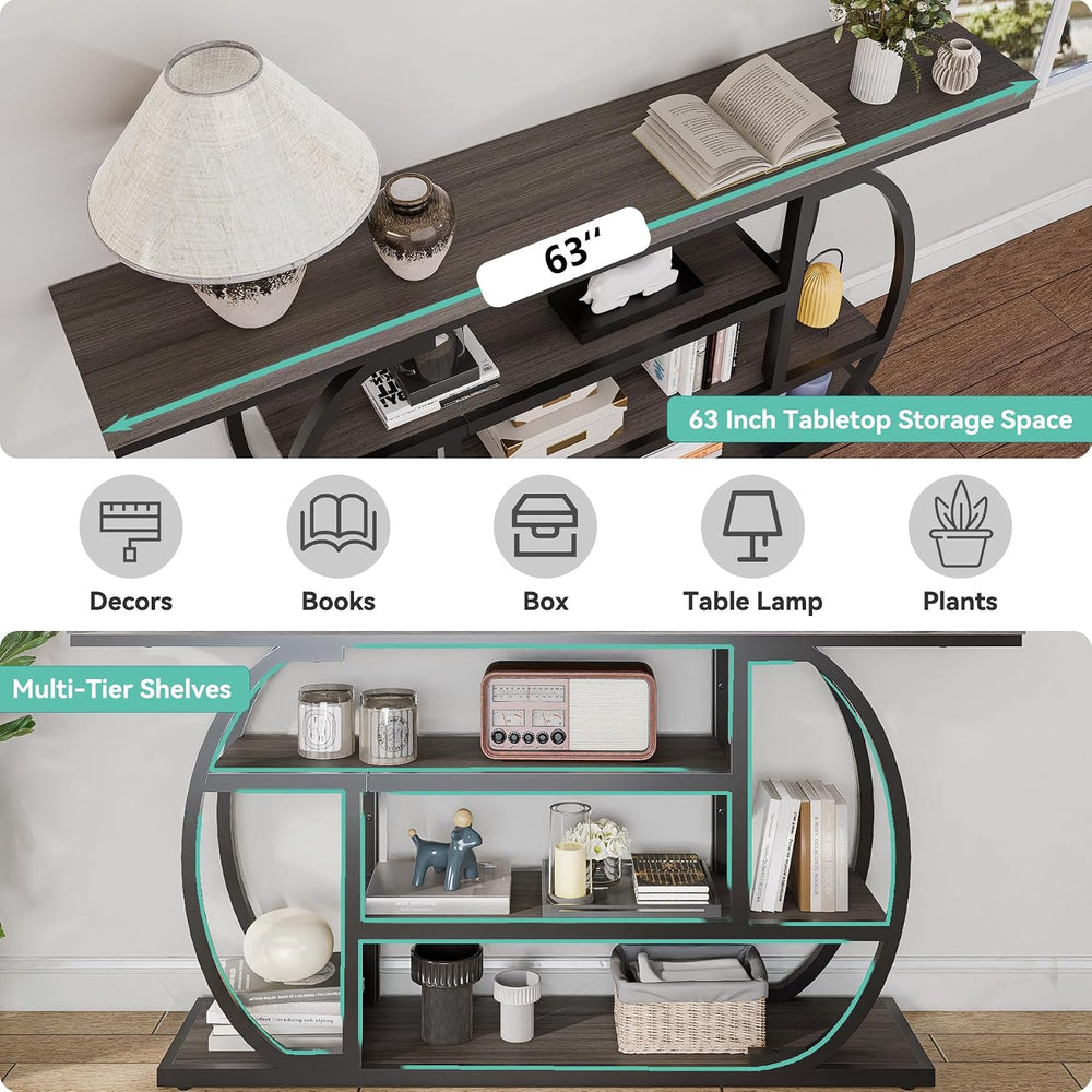 63” Industrial Console Table with 4-Tier Display Shelves, Narrow Long Sofa Ta...