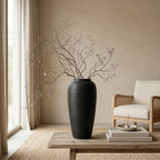 12.6" Large Matte Black Ceramic Vase, Modern Minimalist Centerpiece | Elegant matte black ribbed clay vase. Modern minimalist centerpiece, rustic farmhouse & boho decor for mantel and shelf.