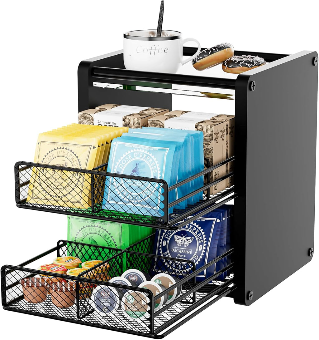 Tea Bag Organizer Box - Wooden Tea Bag Storage with 2 Drawers, Holder & Dispenser for Kitchen Countertop, Office, Tea Station (Black)