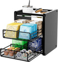 Tea Bag Organizer Box - Wooden Tea Bag Storage with 2 Drawers, Holder & Dispenser for Kitchen Countertop, Office, Tea Station (Black)