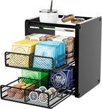 Tea Bag Organizer Box - Wooden Tea Bag Storage with 2 Drawers, Holder & Dispenser for Kitchen Countertop, Office, Tea Station (Black)