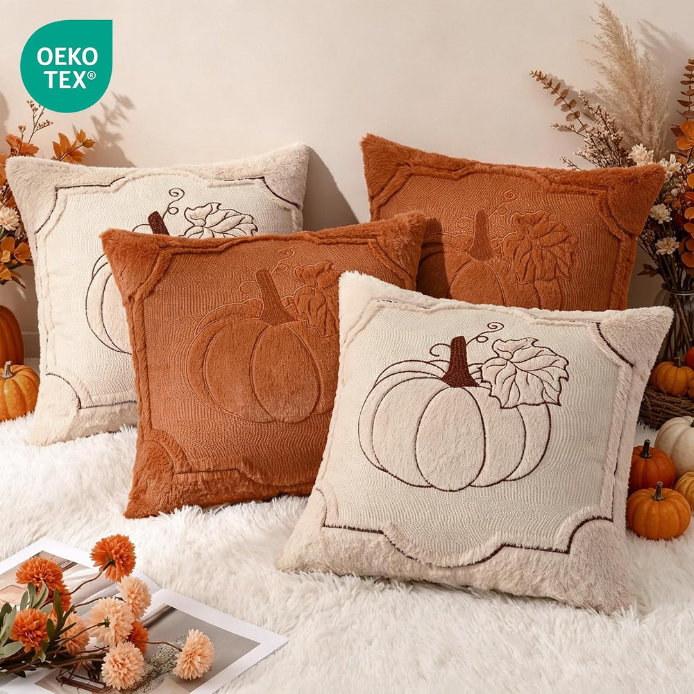 Fall Throw Pillow Covers 18x18 Set of 4 Beige & Orange Pumpkin Pillow Cover
