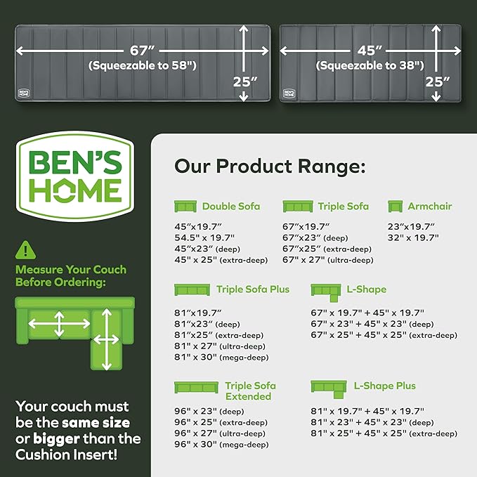 BEN'SHOME® Deep Sectional Couch Cushion Support for fix Sagging Seats - Heavy Duty Solid .5" Wood Sofa Support Board | 67" x 25" + 45" x 25" Under Cushion Insert Set | Non-Slip | 400 LB Capacity Each