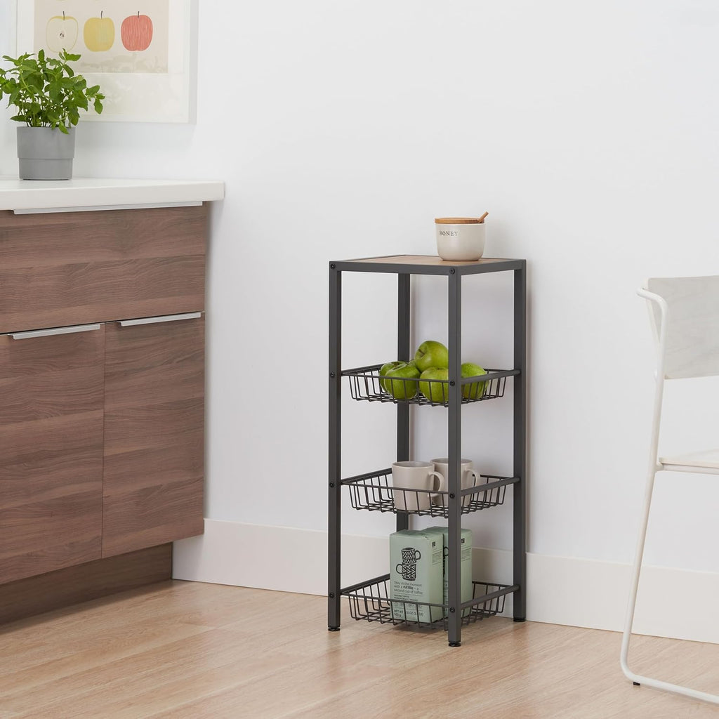 TRINITY 4-Tier Freestanding Metal Shelving Rack with Wire Baskets, Wood Top, and Adjustable Feet, 12"x12"x30", Dark Gray + Oak Brown Top