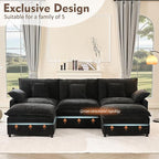 108" U Shaped Couch, Modular Sectional Sofa, 3-Seater Comfy Cloud Couch, Set of Modular Pieces with Movable Ottoman, Deep Seat Couches for Living Room, Chenille, Black