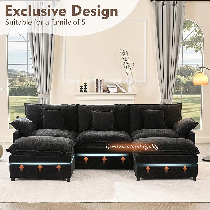 108" U Shaped Couch, Modular Sectional Sofa, 3-Seater Comfy Cloud Couch, Set of Modular Pieces with Movable Ottoman, Deep Seat Couches for Living Room, Chenille, Black