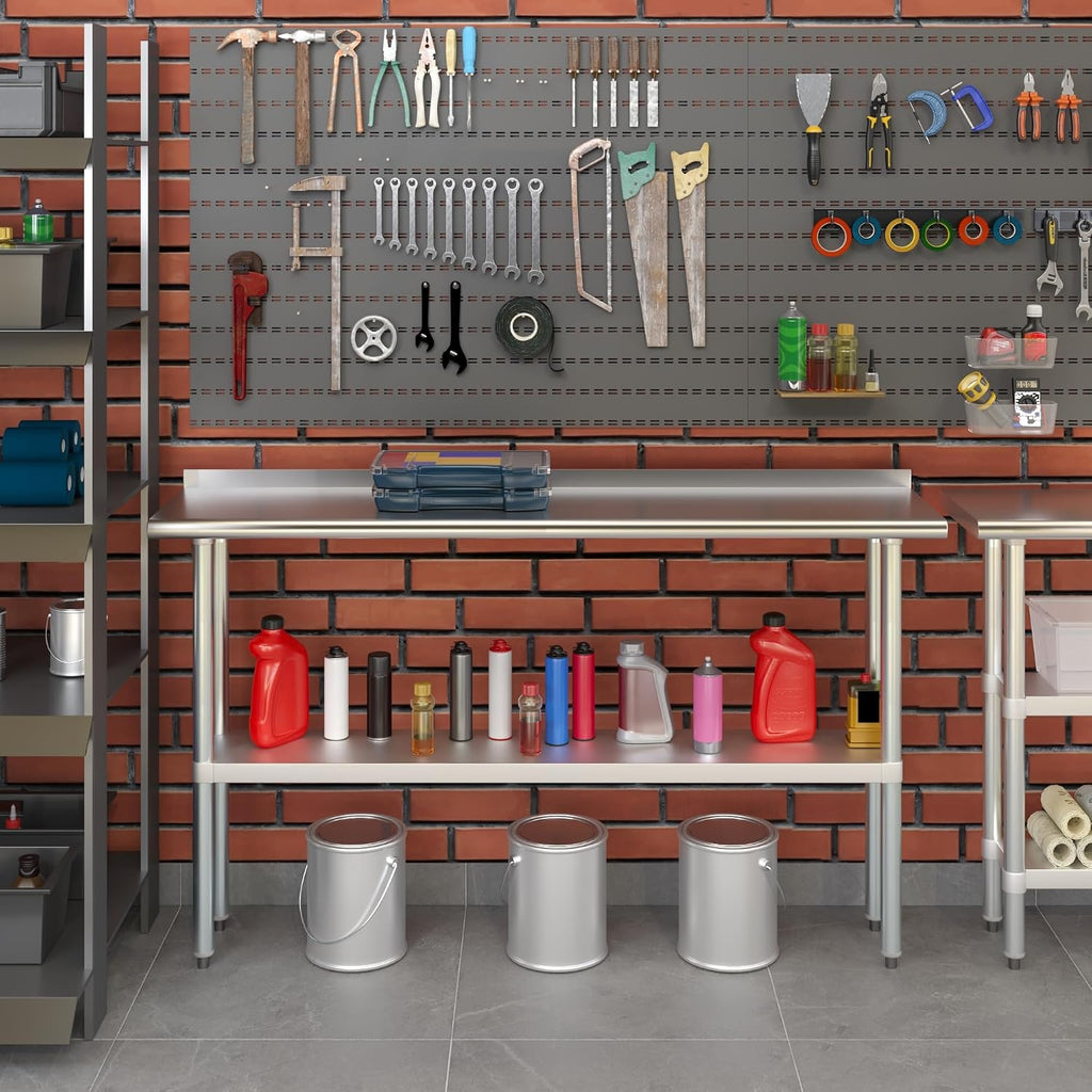 AmGood 14 in. x 60 in. Stainless Steel Work Table with 1.5 in. Backsplash | Metal Kitchen Food Prep Table