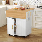MAHANCRIS Kitchen Island on Wheels, Rolling Island Cart with Drop Leaf, Mobile Kitchen Island with Storage, Kitchen Island Table with Adjustable Shelf and Hooks, for Kitchen White and Natural KIBN9801
