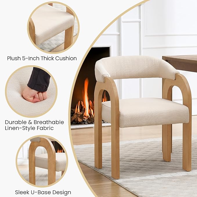 Farmhouse Dining Chairs Set of 2 - Upholstered Armchairs with Linen Cushions & Curved Wooden Arms, Barrel Wood Kitchen Chairs for Dining Room/Cafe/Kitchen Island (Oatmeal Beige)