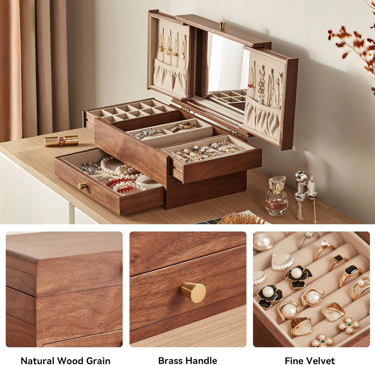 Wooden Jewelry Box for Women, 3 Level Multi-functional Drawers Black Walnut Jewelry Organizer Box, Watch, Necklace, Ring, Earring Storage Gifts(With Mirror B)