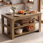 Tribesigns Kitchen Island with Seating and Storage, 55-Inch Island Table | Wooden Kitchen Island with 3 Shelves, Large Countertop, Counter Height Table for Kitchen, Dining Room, Rustic Brown