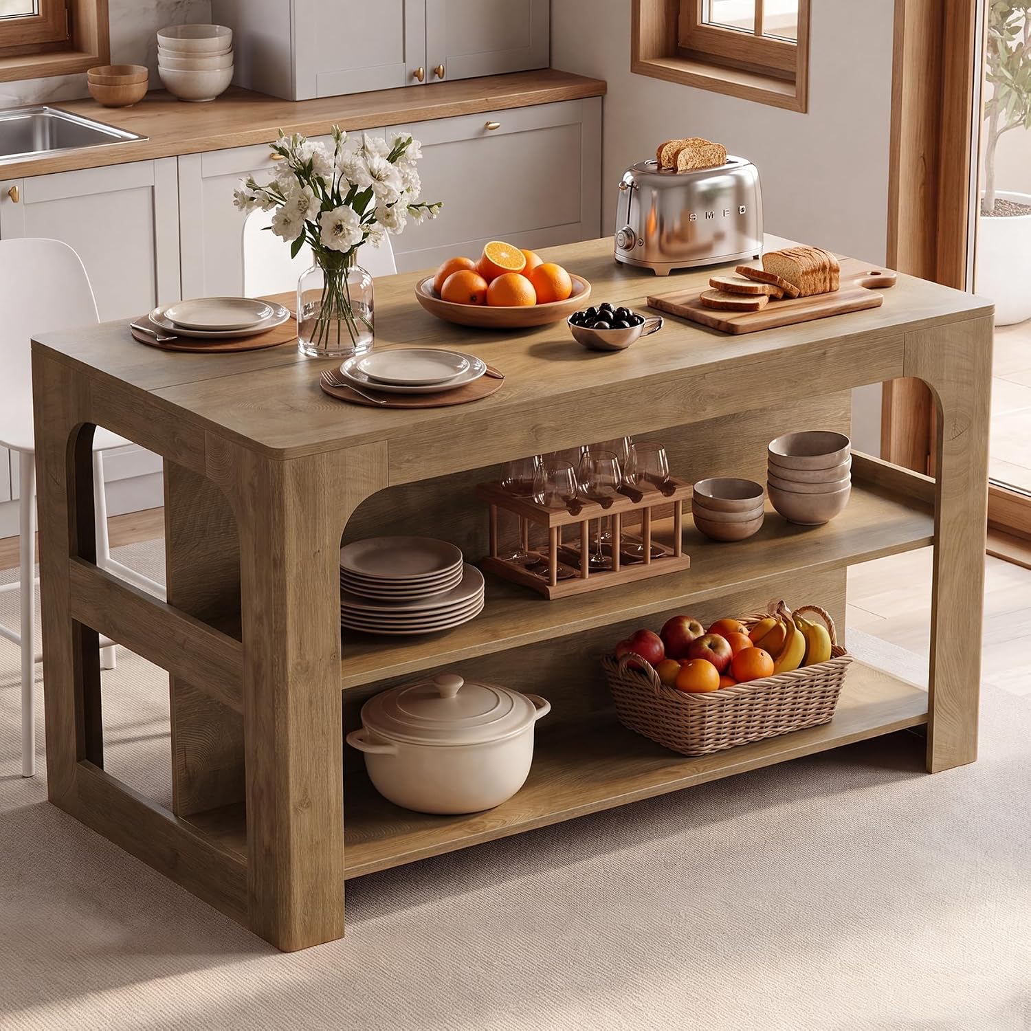 Tribesigns Kitchen Island with Seating and Storage, 55-Inch Island Table | Wooden Kitchen Island with 3 Shelves, Large Countertop, Counter Height Table for Kitchen, Dining Room, Rustic Brown
