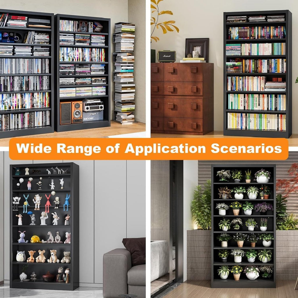 Metal DVD Storage Shelves, 7-Tier CD Storage Rack with Adjustable Shelves, DVD Organizer Shelf, Media Cabinet for CD Holder, Movies, Blu rays, Games for Living Room & Home Office (Black)