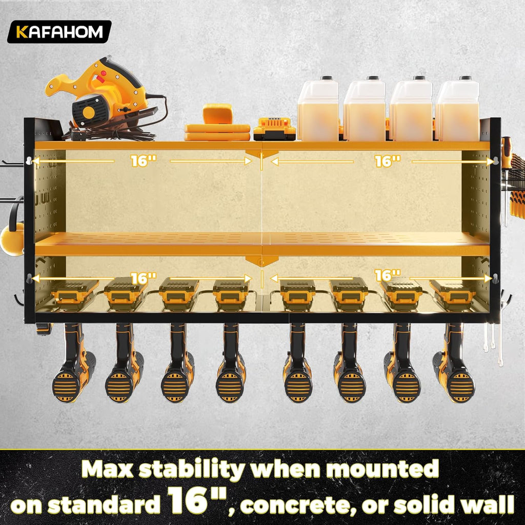KAFAHOM Power Tool Organizer，Large 8 Drill Holder Wall Mount ，Heavy Duty Metal Tool Shelf with 12 Hooks Storage Rack for Garage Organization，Utility Cordless Drill Holder and Battery Shelves