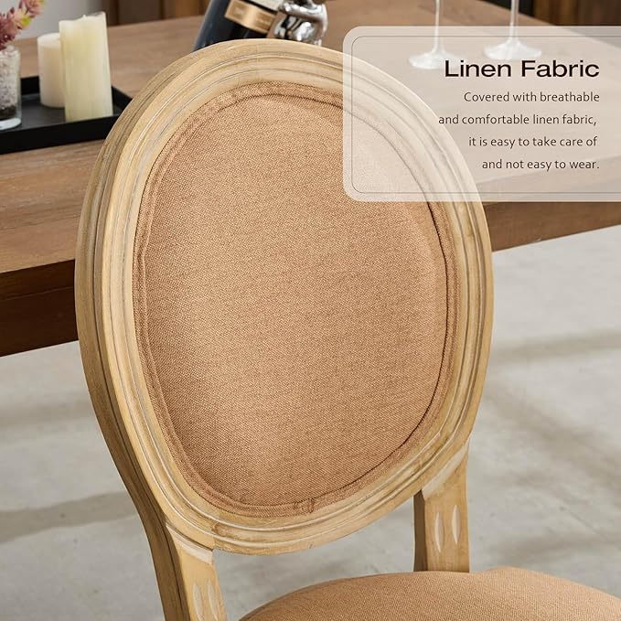 Linen Upholstered Dining Chairs Set of 2 French Country Oval Fabric Back Kitc...