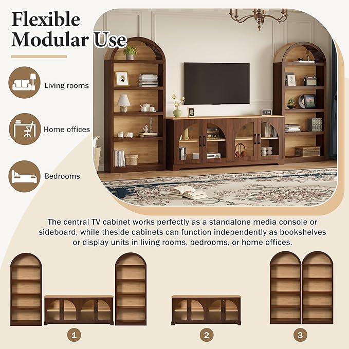 3-Piece Farmhouse TV Stand Set with Bookshelf for TVs Up to 70", Two-Tone Wood Grain Entertainment Center with Arched Design, Retro Sideboard with Tempered Glass Doors for Living Room (Walnut+Natural)