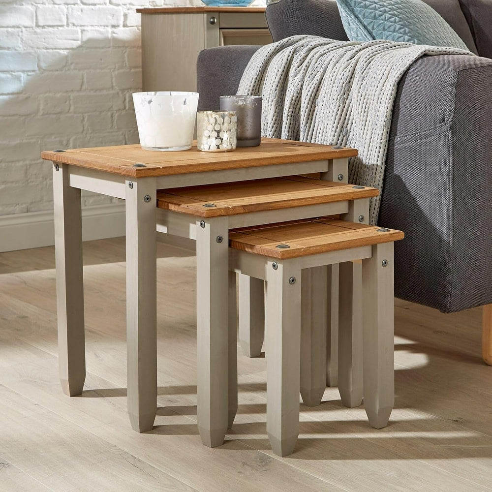 Home Source Solid Pine Wood Nest of Tables, Set of 3 for Living Room, Grey Fi...