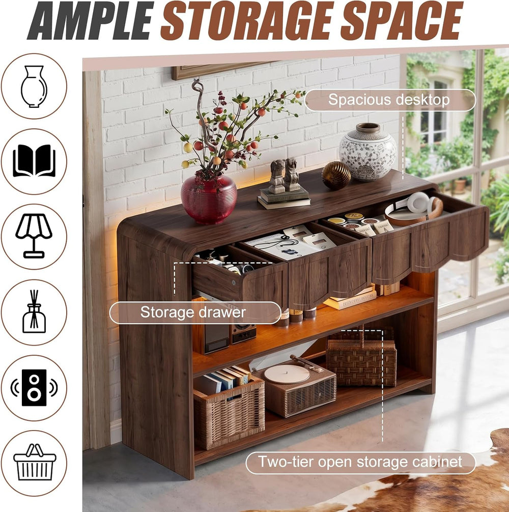 PAKASEPT Retro Entryway Table with RGB LED Lights, 43" Walnut Console Ta...