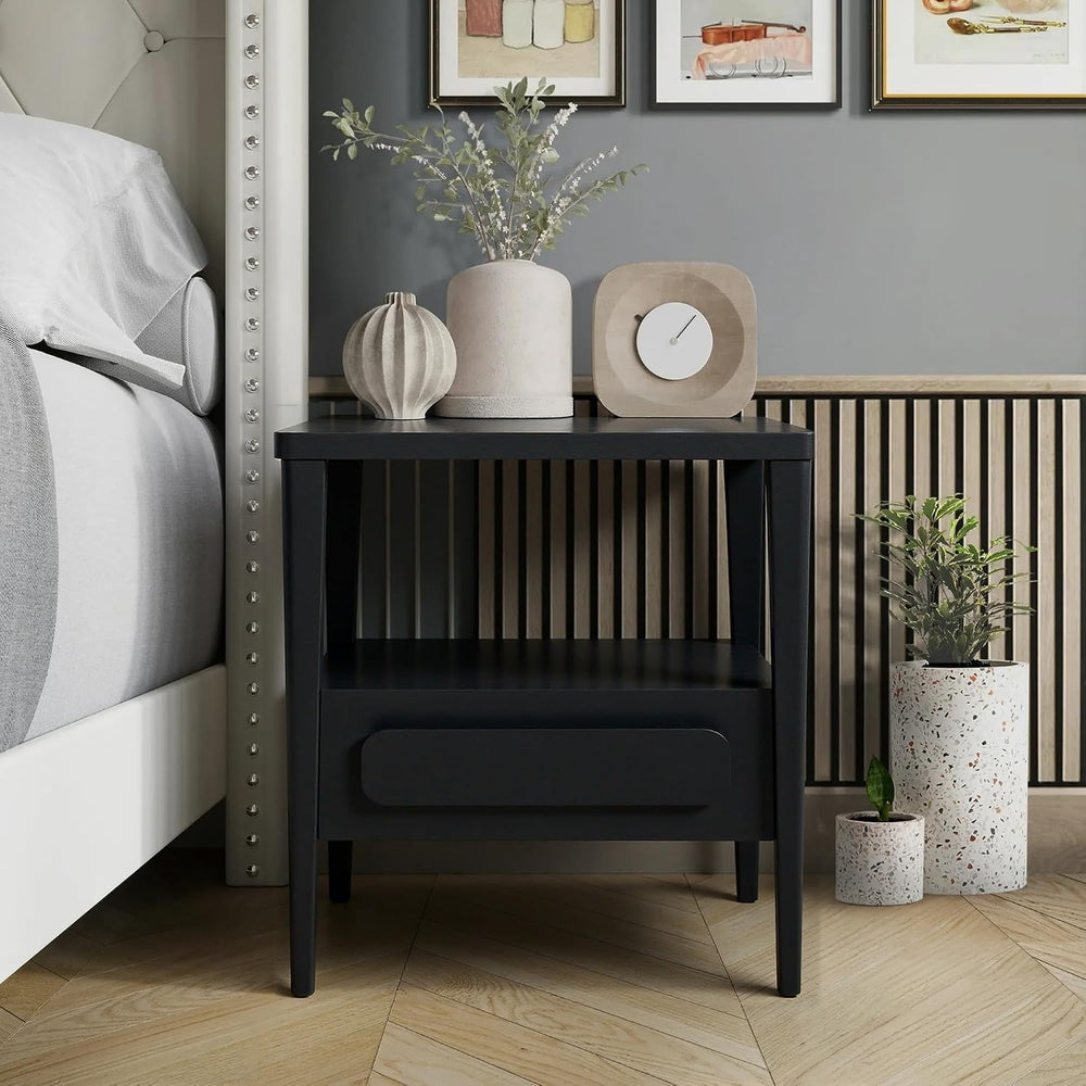Modern Nightstand, Sustainable Hevea Premium Solid Wood Frame - Bedside Table...