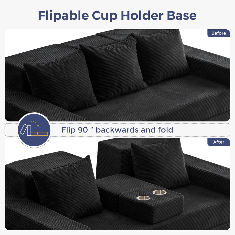 MAXYOYO Sofa Bed, 80-Inch Oversized Loveseat, 2 Cup Holders | Corded Black 4-...