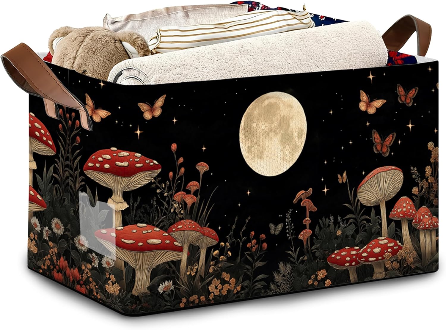 Mushroom Moon Storage Baskets,Butterfly Plants Foldable Organizer Bin with Handles for Home Living Room Bedroom Closet Box 17x11.5x10Inch