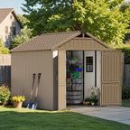 Patiowell 8 x 8 FT Plastic Outdoor Storage Shed with Floor, Resin Shed with Window and Lockable Door for Garden, Backyard, Tool Storage Use, Easy to Install in Brown (Kick-it Shed)