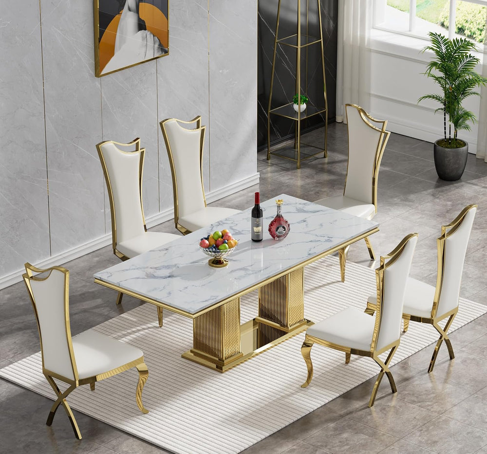 68 in Faux Marble Dining Table for 4-6, White Marble Dining Table with Gold S...