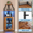 GarveeHome Corner Bar Wine Cabinet with LED Lights, 5-Tier Industrial Wine Cabinet with Glass Holder, Modern Liquor Cabinet with Adjustable Shelf, Home Bar Cabinet with Mesh Door, Rustic Brown