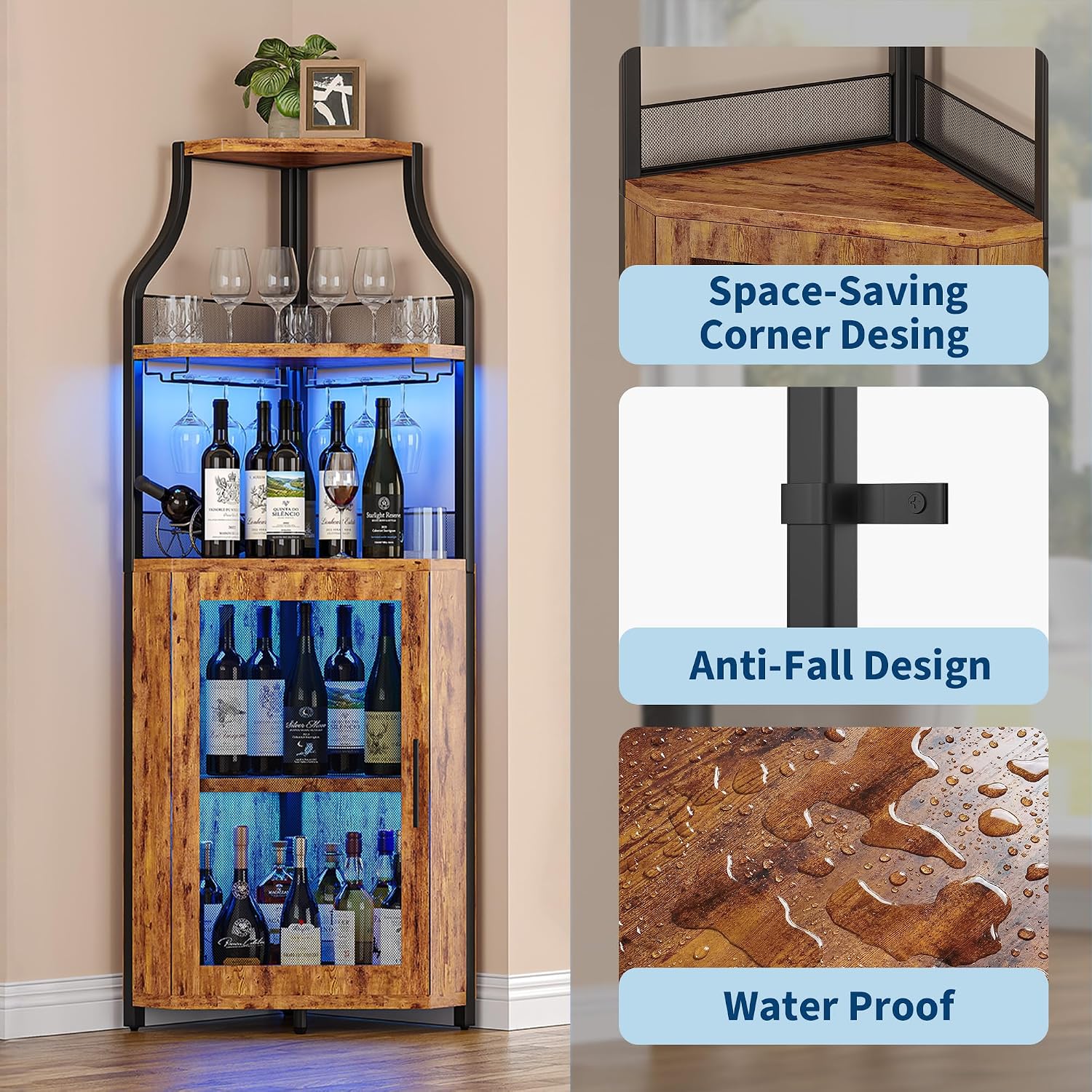 GarveeHome Corner Bar Wine Cabinet with LED Lights, 5-Tier Industrial Wine Cabinet with Glass Holder, Modern Liquor Cabinet with Adjustable Shelf, Home Bar Cabinet with Mesh Door, Rustic Brown
