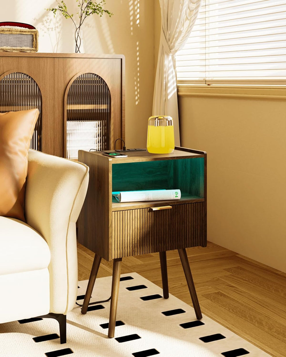 Leomonio Walnut Brown Nightstand, Modern Bedside Table with Charging Station ...