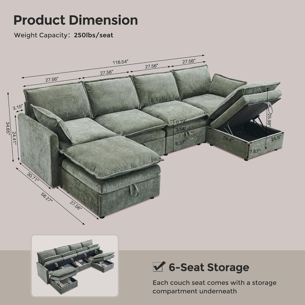 116.54" Sectional Couches for Living Room, Cloud Couch Sectional with Large Storage, U-Shape Modular Sectional Sofa with Ottoman,6 Seater Chenille Sofa with Pillow for Apartment, Bedroom, Green