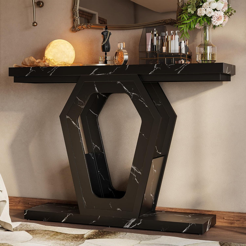 FUSUNBAO 47" Black Marble Console Table,Narrow Wood Sofa Table for Hallw...