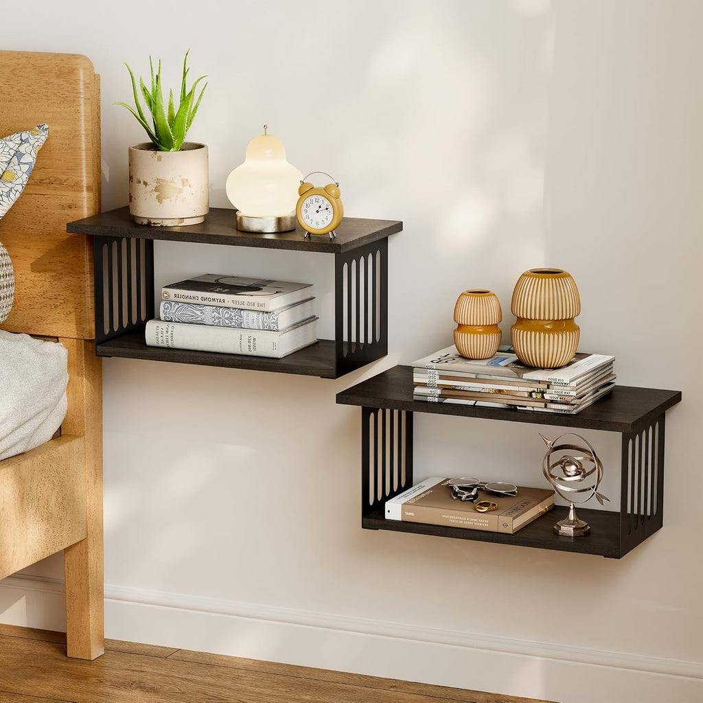 2-Tier Display Wall Shelves,16.8 Inch Floating Shelves Wall Mounted Set of 2,Floating Bookshelves Set of 2 for Living Room, Bathroom, Bedroom, Kitchen, Black