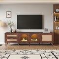 Rattan TV Stand for 75 Inch TV LED Light Modern Farmhouse Media Console with Solid Wood Legs Multi-Functional Storage & Cable Management Easy Assembly Entertainment Center for Living Room Home