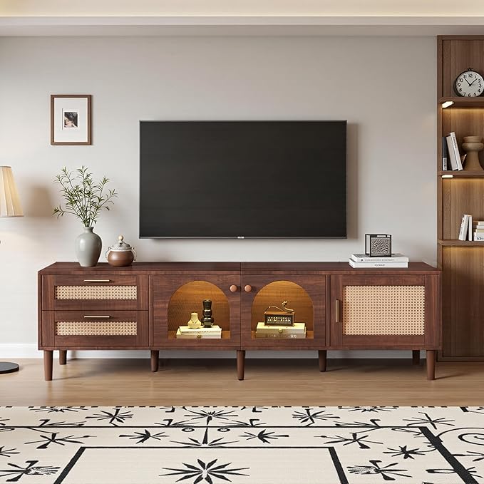 Rattan TV Stand for 75 Inch TV LED Light Modern Farmhouse Media Console with Solid Wood Legs Multi-Functional Storage & Cable Management Easy Assembly Entertainment Center for Living Room Home