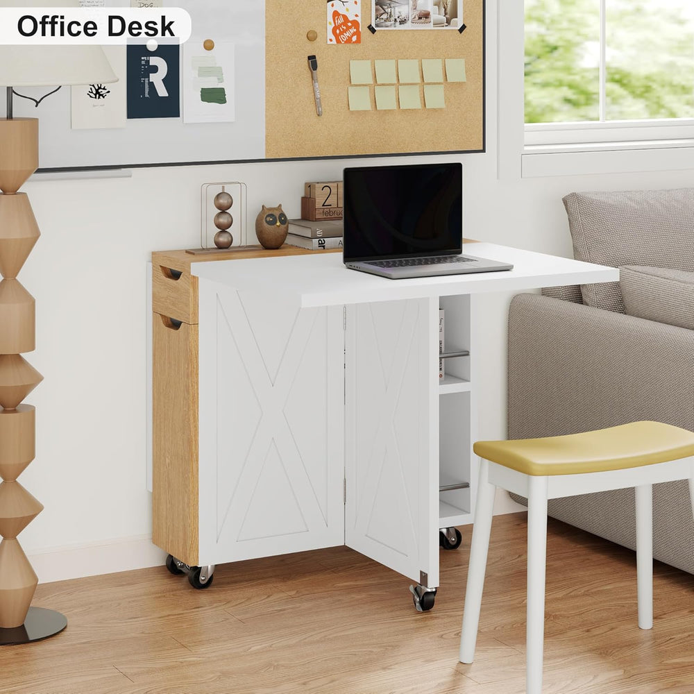 Folding Dining Table with 6 Wheels, Drop Leaf Tables for Small Spaces, Foldab...