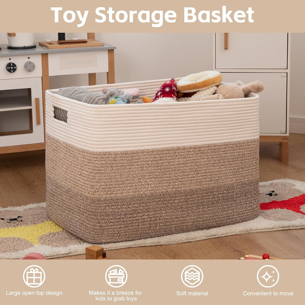 OIAHOMY 118L Extra Large Blanket Basket, Rectangle Woven Cotton Rope Storage Basket,Used for storing Dirty Clothes, Stuffed Animal Toy Storage for Living Room,Kids Room,25" x 17" x 16", Gradient Brown