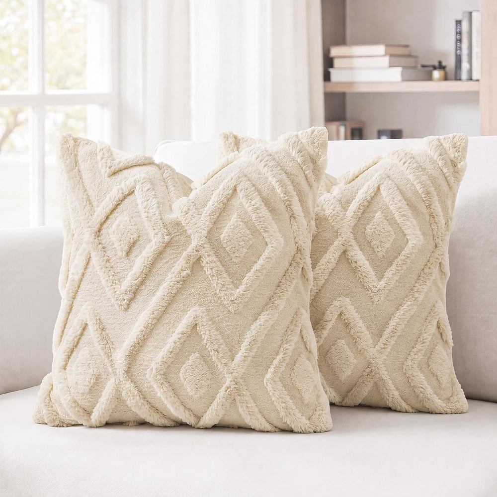 Set of 2 Faux Fur Beige Throw Pillow Covers 30x30,Soft Checkborad Pattern Dec...