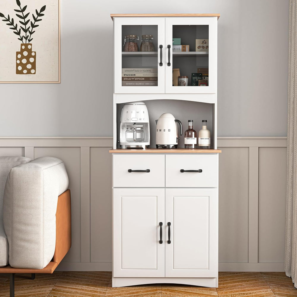 White Wooden Kitchen Pantry Cabinet with Glass Doors & Drawers – 66.9&quo...