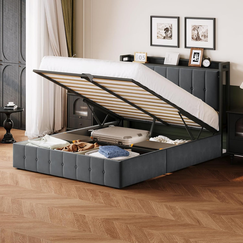 IDEALHOUSE Queen Upholstered Velvet Bed Frame with Lift Up Storage, Grey