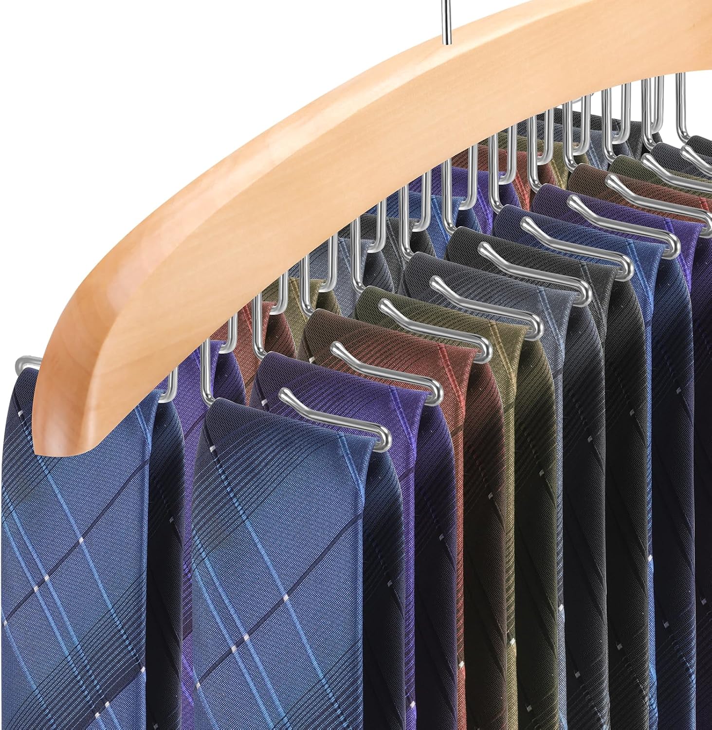 Tie Rack Hanger for Closet,360 Degree Rotating Tie Holder Organizer with 24 Folding Hooks,Wooden Men's Neck Tie Organizer Storage for Belts Tank Tops Scarves