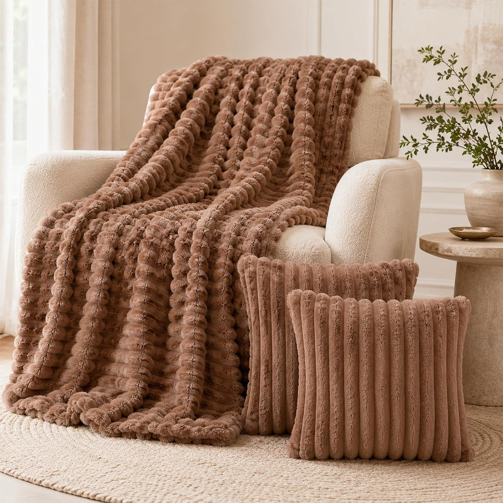 Blanket & Throw Pillow Covers Set - Dual-Sided Faux Fur Fluffy Blanket (5...