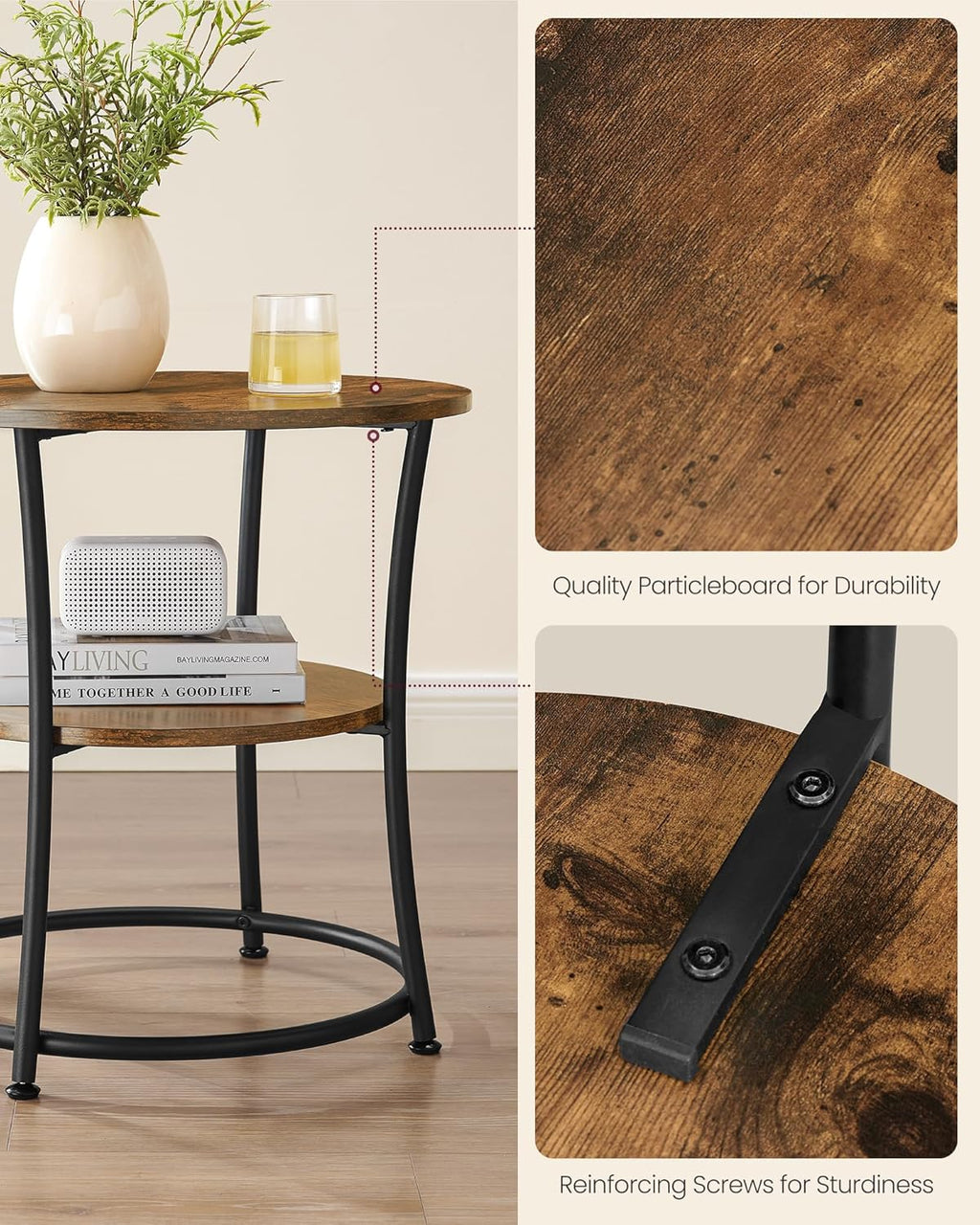 VASAGLE 21.7-Inch Round Side Table, 2-Tier End Table | Nightstand with Steel Frame, Spacious Top, for Small Spaces, Living Room, Bedroom, Rustic Brown and Ink Black ULET077K01
