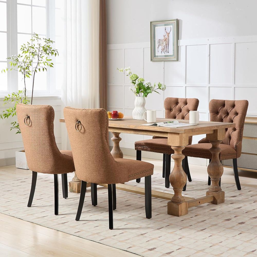Linen Upholstered Dining Chairs Set of 6, Espresso Brown Mid Century Modern D...